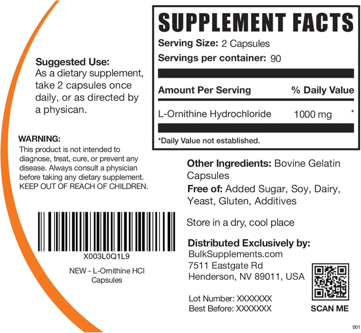 BULK SUPPLEMENTS - Bulk Supplements L-Ornithine HCl 1000Mg. 180 Capsulas - The Red Vitamin MX - Suplementos Alimenticios - {{ shop.shopifyCountryName }}