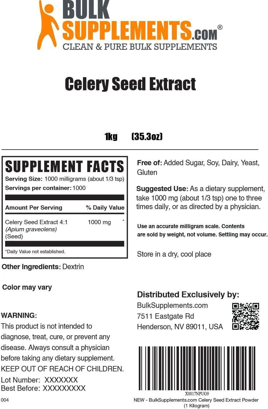 BULK SUPPLEMENTS - Bulk Supplements Celery Seed Extract Powder 1 Kg. - The Red Vitamin MX - Suplementos Alimenticios - {{ shop.shopifyCountryName }}