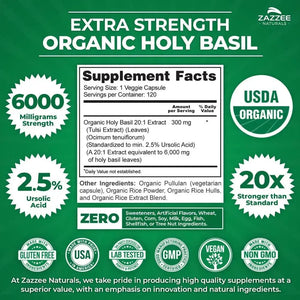 ZAZZEE NATURALS - Zazzee USDA Organic Holy Basil 20:1 Extract 6000Mg. 120 Capsulas - The Red Vitamin MX - Suplementos Alimenticios - {{ shop.shopifyCountryName }}