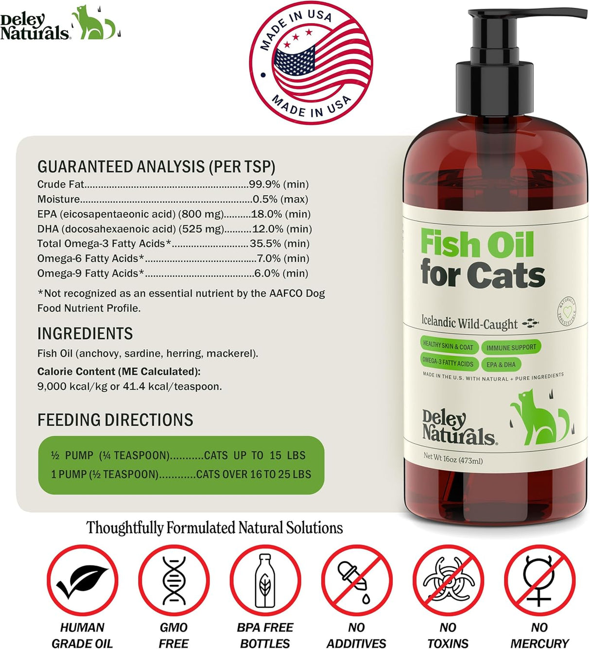 Deley Naturals Wild Caught Fish Oil for Cats with 2X Omega 473Ml.