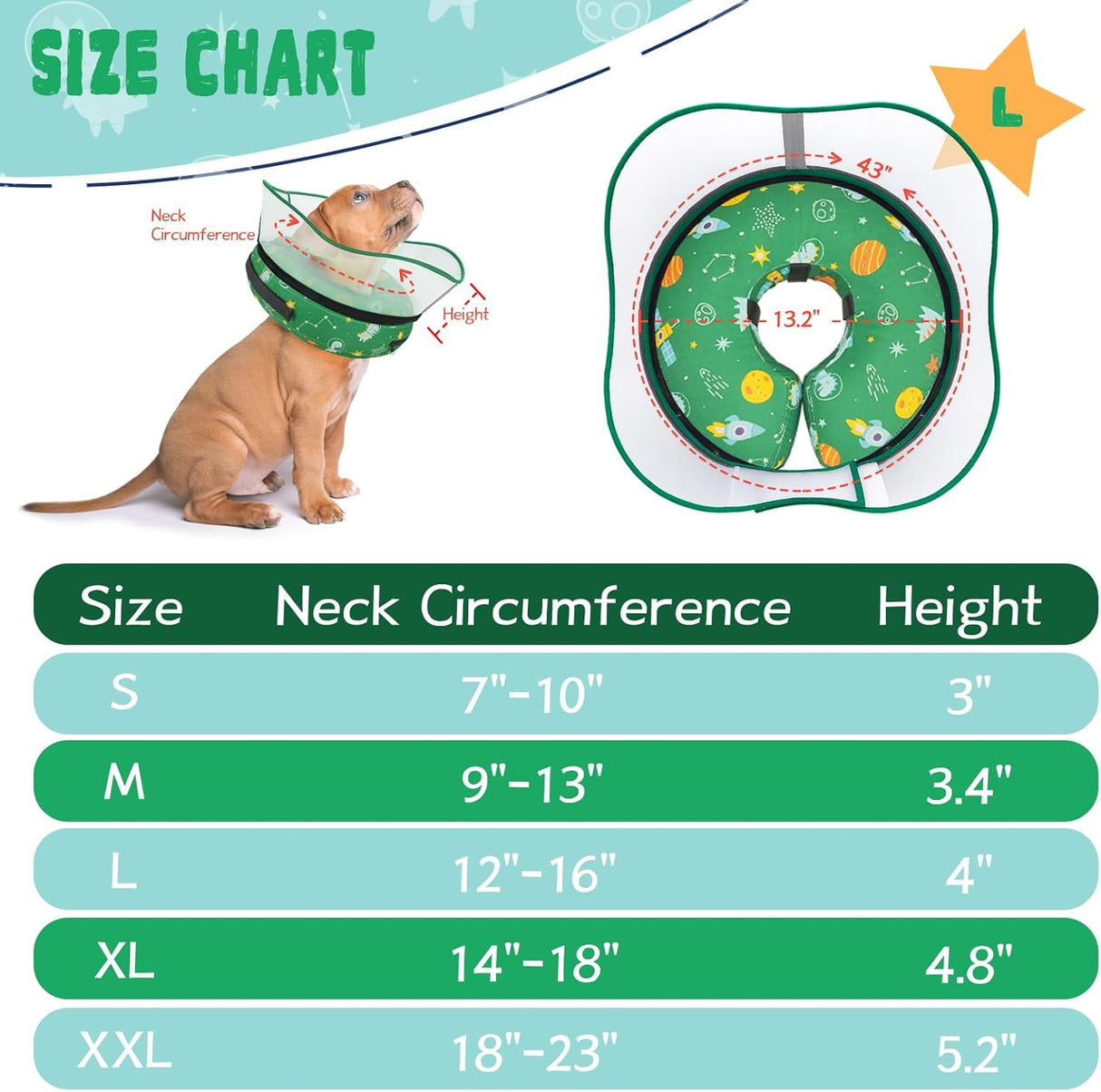 Toptakeit Elevated Inflatable Dog Cone Collar GREEN LARGE