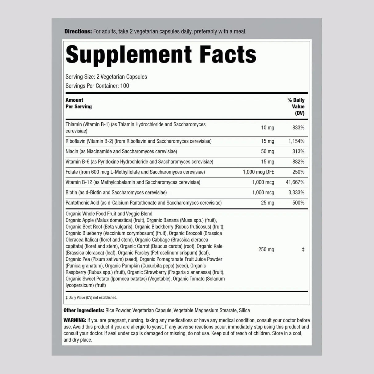 PIPING ROCK - Piping Rock B Complex with Whole Food Fruits & Veggies 200 Capsulas - The Red Vitamin MX - Suplementos Alimenticios - {{ shop.shopifyCountryName }}