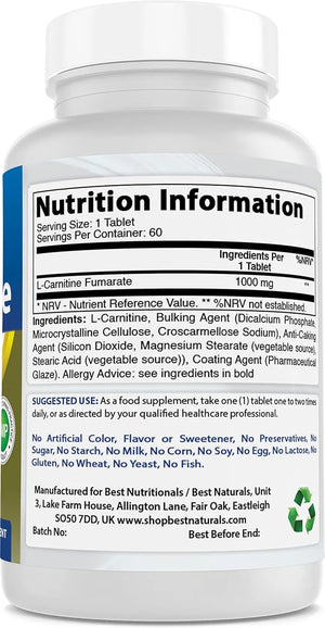 BEST NATURALS - Best Naturals L-Carnitine 1000Mg. 60 Tabletas - The Red Vitamin MX - Suplementos Alimenticios - {{ shop.shopifyCountryName }}