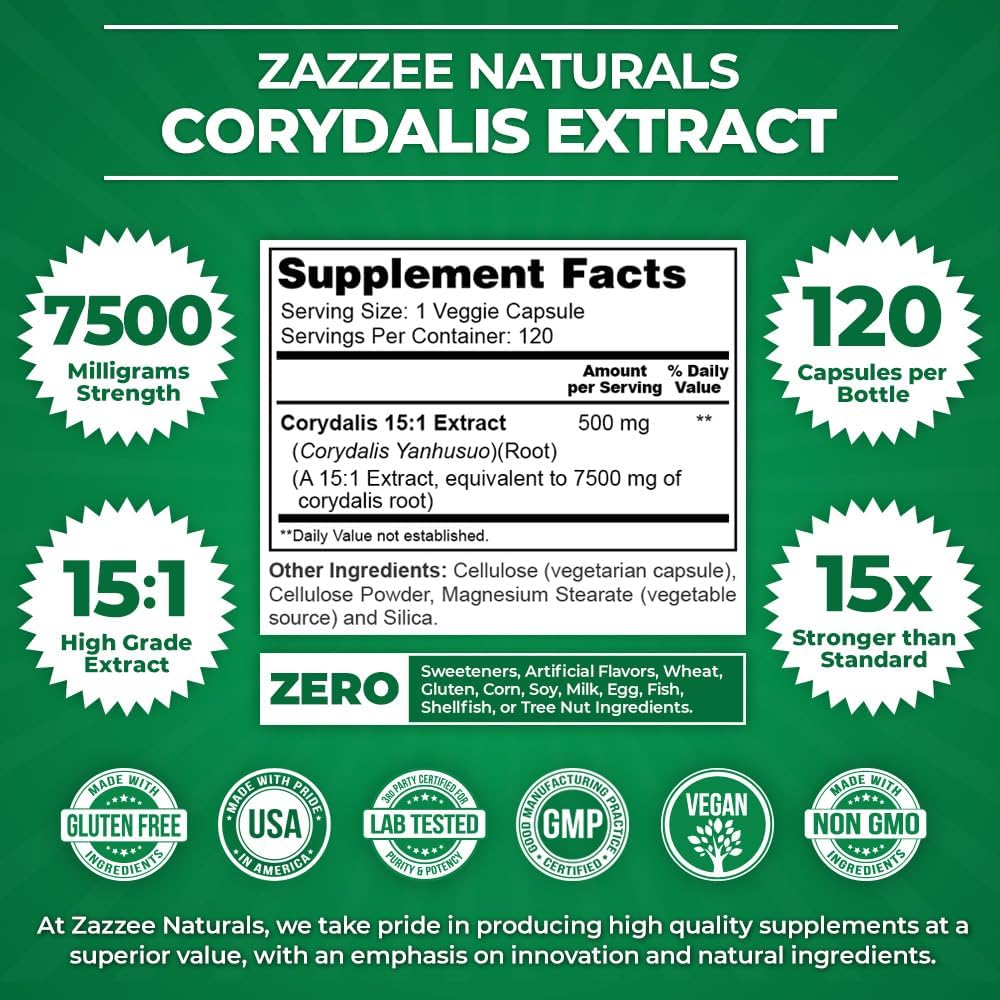 Zazzee Extra Strength Corydalis 15:1 Extract 7500Mg. 120 Capsulas