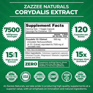 Zazzee Extra Strength Corydalis 15:1 Extract 7500Mg. 120 Capsulas