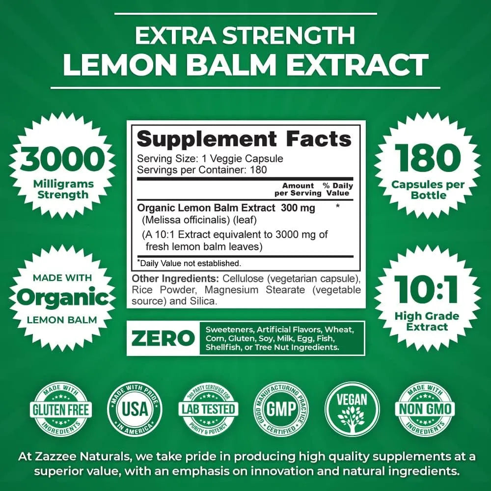 ZAZZEE NATURALS - Zazzee Organic Lemon Balm 10:1 Extract 3000Mg. 180 Capsulas - The Red Vitamin MX - Suplementos Alimenticios - {{ shop.shopifyCountryName }}