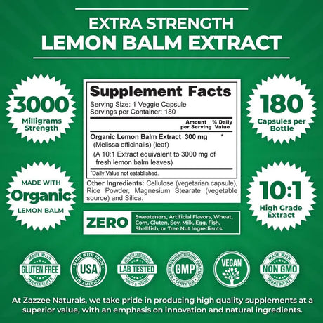 ZAZZEE NATURALS - Zazzee Organic Lemon Balm 10:1 Extract 3000Mg. 180 Capsulas - The Red Vitamin MX - Suplementos Alimenticios - {{ shop.shopifyCountryName }}
