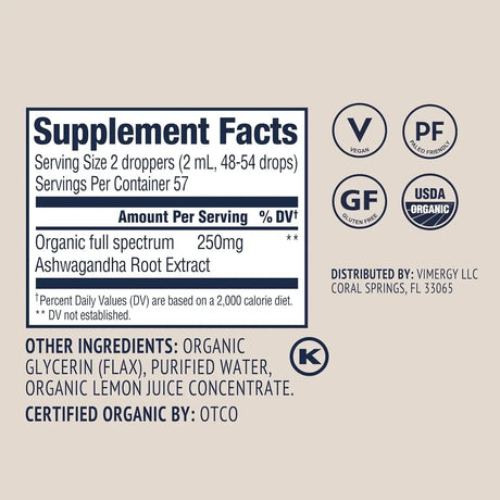 VIMERGY - Vimergy USDA Organic Ashwagandha Liquid Extract 57 Servicios 115Ml. - The Red Vitamin MX - Suplementos Alimenticios - {{ shop.shopifyCountryName }}