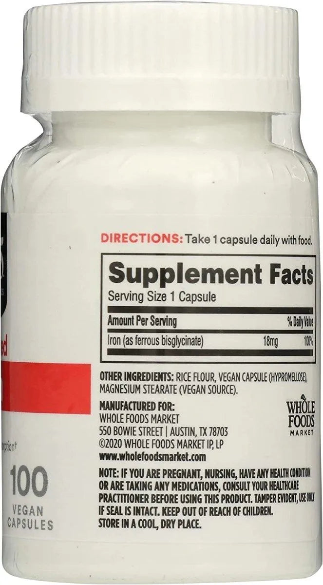 365 - 365 by Whole Foods Market, Iron Chelated 18Mg. 100 Capsulas - The Red Vitamin MX - Suplementos Alimenticios - {{ shop.shopifyCountryName }}