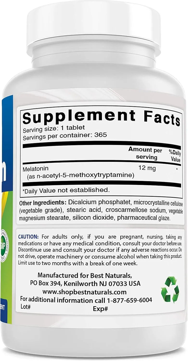BEST NATURALS - Best Naturals Melatonin 12Mg. 365 Tabletas - The Red Vitamin MX - Suplementos Alimenticios - {{ shop.shopifyCountryName }}