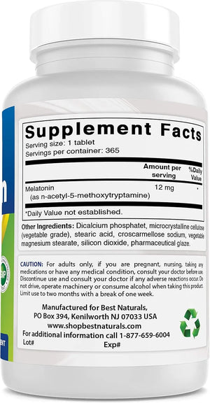 BEST NATURALS - Best Naturals Melatonin 12Mg. 365 Tabletas - The Red Vitamin MX - Suplementos Alimenticios - {{ shop.shopifyCountryName }}