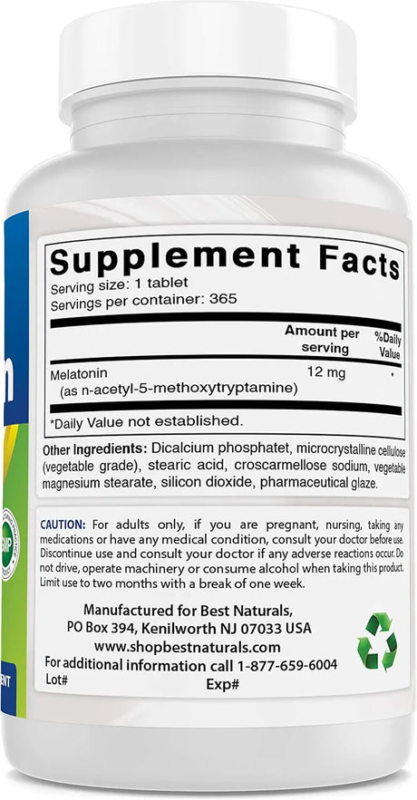 BEST NATURALS - Best Naturals Melatonin 12Mg. 365 Tabletas - The Red Vitamin MX - Suplementos Alimenticios - {{ shop.shopifyCountryName }}