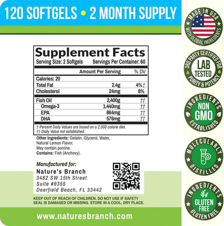 NATURE'S BRANCH - Nature's Branch Best Triple Strength Omega 3 Fish Oil 2400Mg. 120 Capsulas Blandas - The Red Vitamin MX - Suplementos Alimenticios - {{ shop.shopifyCountryName }}