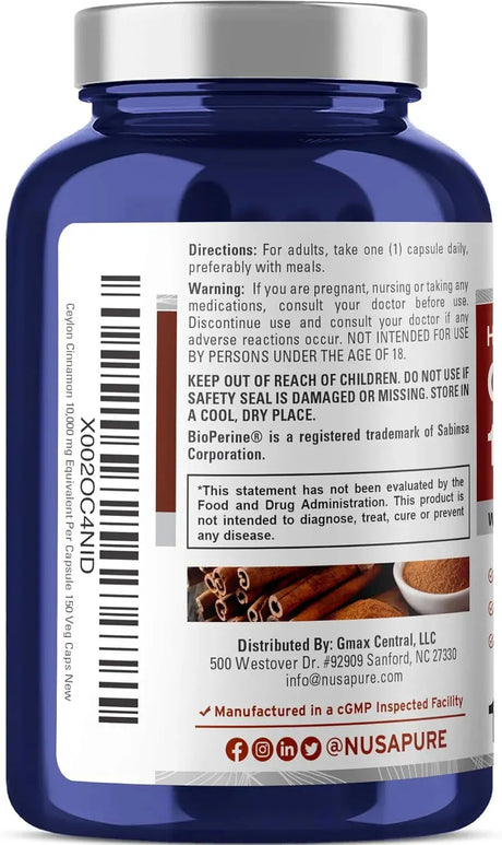 NUSAPURE - NusaPure Ceylon Cinnamon 10,000Mg. 150 Capsulas - The Red Vitamin MX - Suplementos Alimenticios - {{ shop.shopifyCountryName }}