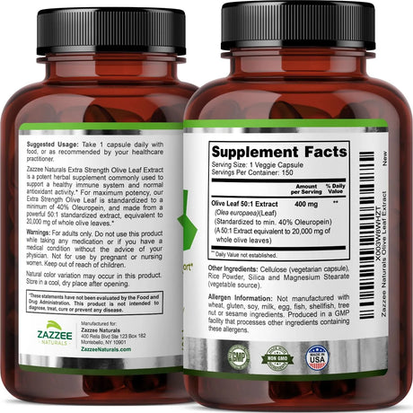 ZAZZEE NATURALS - Zazzee Extra Strength Olive Leaf 50:1 Extract 150 Capsulas - The Red Vitamin MX - Suplementos Alimenticios - {{ shop.shopifyCountryName }}