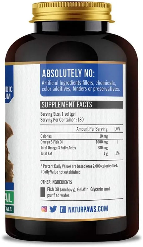 NATURPAWS - NATURPAWS Omega 3 Fish Oil Supplement for Dogs and Cats 180 Capsulas Blandas - The Red Vitamin MX - Aceite De Pescado Para Perros - {{ shop.shopifyCountryName }}