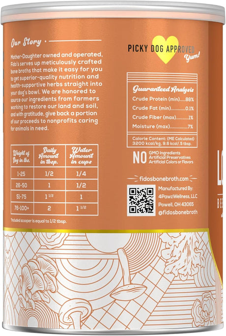 FIDO'S - Fido's Longevity Bone Broth for Dogs Turkey Tail + Maitake Mushroom 60 Servicios 184Gr. - The Red Vitamin MX - Suplementos Herbales Para Perros - {{ shop.shopifyCountryName }}