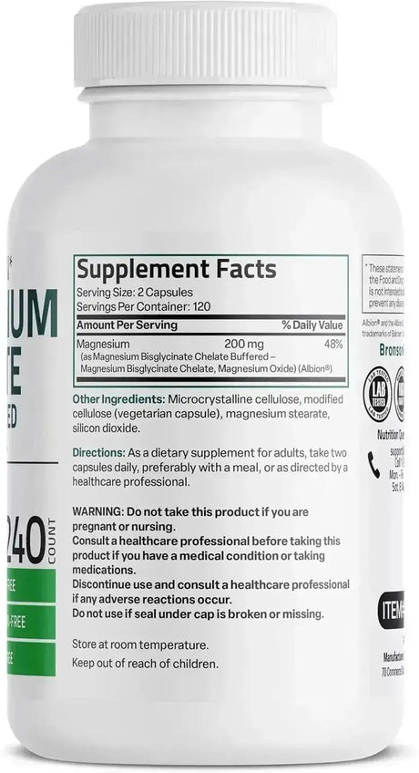 BRONSON - Bronson Magnesium Glycinate 200Mg. 240 Capsulas - The Red Vitamin MX - Suplementos Alimenticios - {{ shop.shopifyCountryName }}