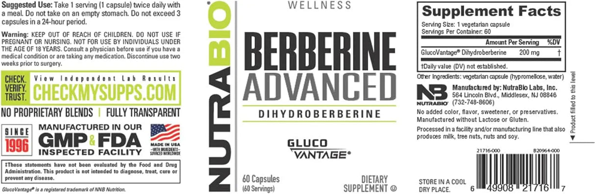 NUTRABIO - NutraBio Berberine Advanced 200Mg. 60 Capsulas - The Red Vitamin MX - Suplementos Alimenticios - {{ shop.shopifyCountryName }}