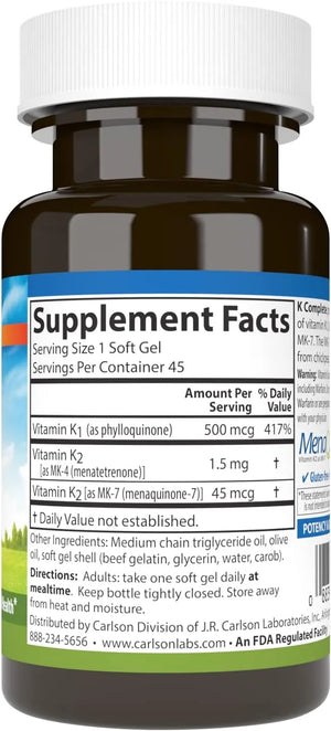 CARLSON - Carlson K Complete 45 Capsulas Blandas - The Red Vitamin MX - Suplementos Alimenticios - {{ shop.shopifyCountryName }}