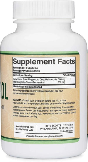 DOUBLE WOOD SUPPLEMENTS - Double Wood Supplements Resveratrol 500Mg. 120 Capsulas - The Red Vitamin MX - Suplementos Alimenticios - {{ shop.shopifyCountryName }}