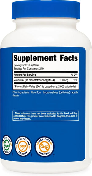 NUTRICOST - Nutricost Vitamin K2 MK4 100mcg 240 Capsulas - The Red Vitamin MX - Suplementos Alimenticios - {{ shop.shopifyCountryName }}