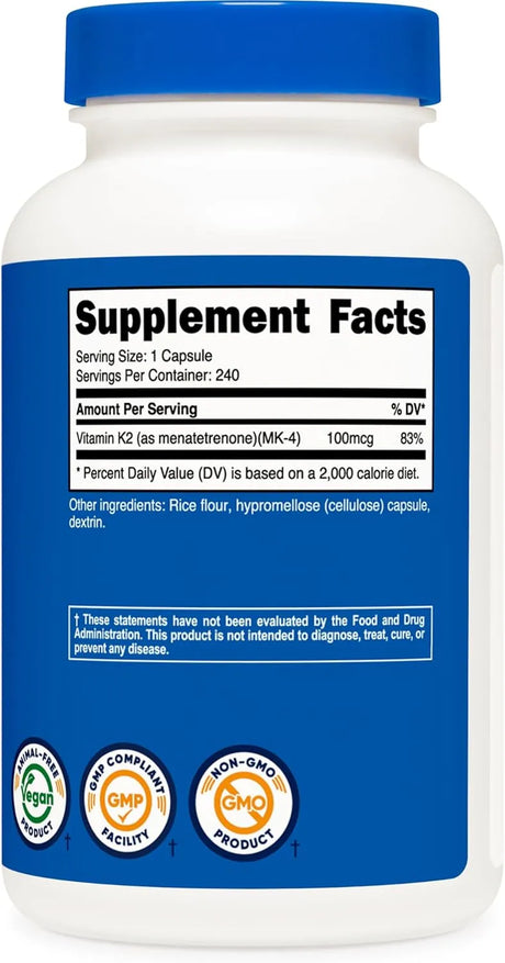 NUTRICOST - Nutricost Vitamin K2 MK4 100mcg 240 Capsulas - The Red Vitamin MX - Suplementos Alimenticios - {{ shop.shopifyCountryName }}
