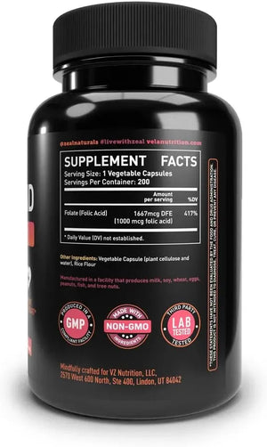 VELA NUTRITION - Vela Folic Acid 1000mcg 200 Capsulas - The Red Vitamin MX - Suplementos Alimenticios - {{ shop.shopifyCountryName }}