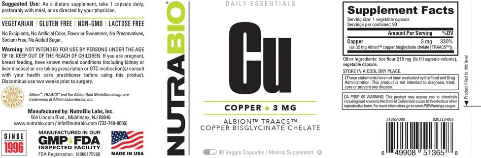 NutraBio Copper Chelate 3Mg. 90 Capsulas