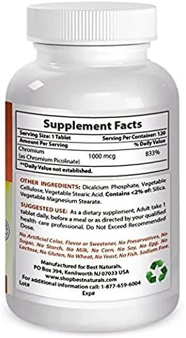 BEST NATURALS - Best Naturals Chromium Picolinate 1000mcg 120 Tabletas 2 Pack - The Red Vitamin MX - Suplementos Alimenticios - {{ shop.shopifyCountryName }}