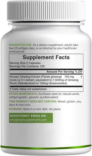 Deal Supplement Korean Red Panax Ginseng Root Extract 7500Mg. 240 Capsulas Blandas