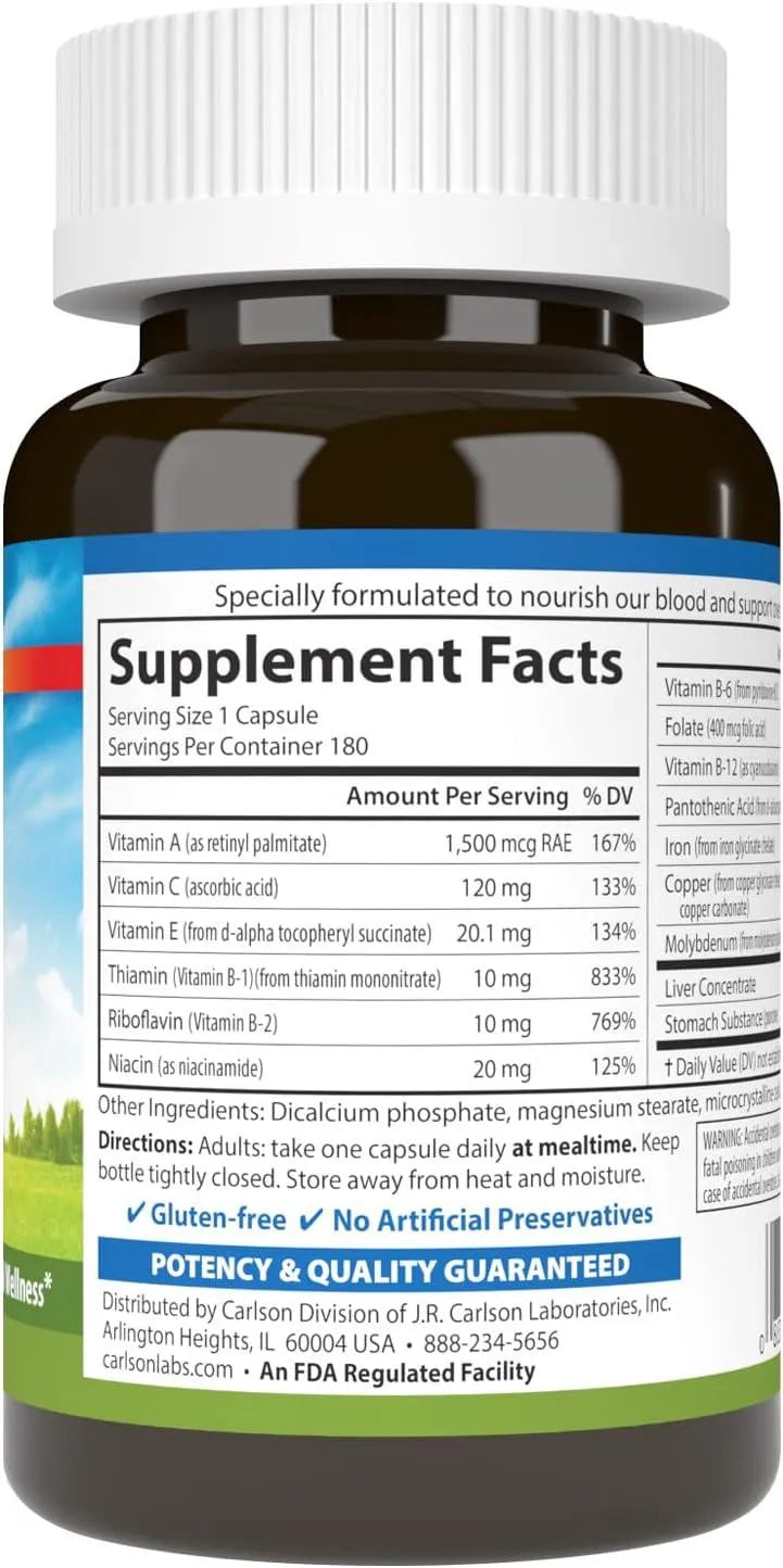 CARLSON - Carlson Blood Nutrients 180 Capsulas - The Red Vitamin MX - Suplementos Alimenticios - {{ shop.shopifyCountryName }}