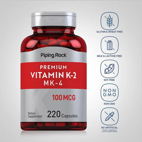 PIPING ROCK - Piping Rock Vitamin K2 MK4 100mcg 220 Capsulas - The Red Vitamin MX - Suplementos Alimenticios - {{ shop.shopifyCountryName }}