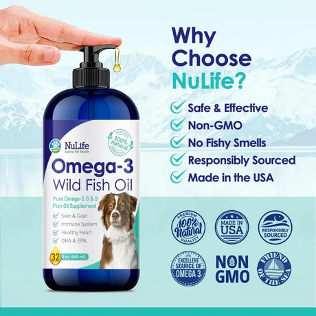 NULIFE - NuLife Liquid Fish Oil for Dogs with Omega 3 6 & 9 Fatty Acids 32 Fl.Oz. - The Red Vitamin MX - Aceite De Pescado Para Perros - {{ shop.shopifyCountryName }}