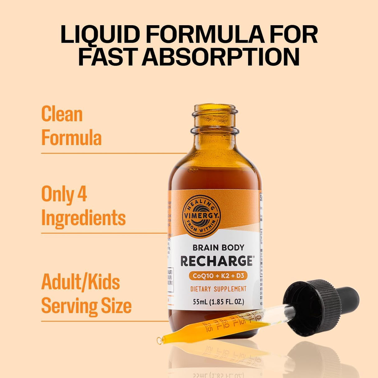 Vimergy Brain Body Recharge Liquid Coq10 with Vitamin D3 & K2 55Ml.