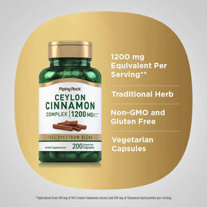 PIPING ROCK - Piping Rock Ceylon Cinnamon Complex 1200Mg. 200 Capsulas - The Red Vitamin MX - Suplementos Alimenticios - {{ shop.shopifyCountryName }}