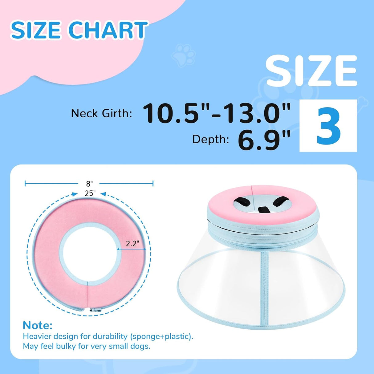 ICOYEA Sponge Core Dog Cone PINK Size 3 Neck: 10.5"- 13.0"