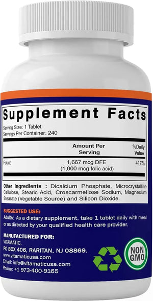 VITAMATIC - Vitamatic Folic Acid 1000mcg 240 Tabletas - The Red Vitamin MX - Suplementos Alimenticios - {{ shop.shopifyCountryName }}
