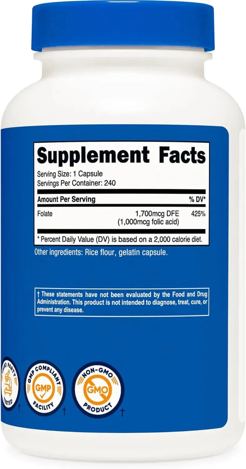 NUTRICOST - Nutricost Folic Acid 1000mcg 240 Capsulas - The Red Vitamin MX - Suplementos Alimenticios - {{ shop.shopifyCountryName }}