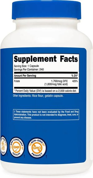 NUTRICOST - Nutricost Folic Acid 1000mcg 240 Capsulas - The Red Vitamin MX - Suplementos Alimenticios - {{ shop.shopifyCountryName }}