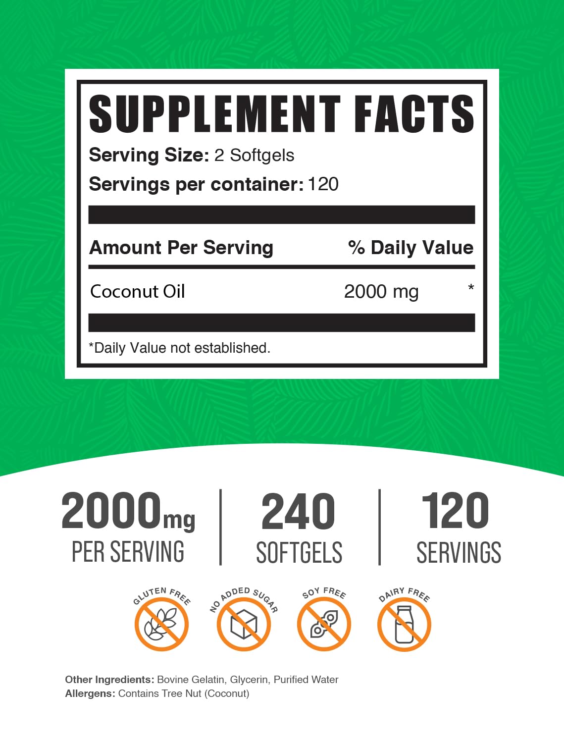 Bulk Supplements Coconut Oil 2000Mg. 240 Capsulas Blandas