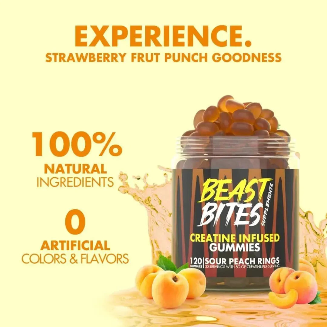 BEAST BITES - BEAST BITES Creatine Bites 5g Creatine Monohydrate Sour Peach 30 Gomitas - The Red Vitamin MX - Suplementos Alimenticios - {{ shop.shopifyCountryName }}