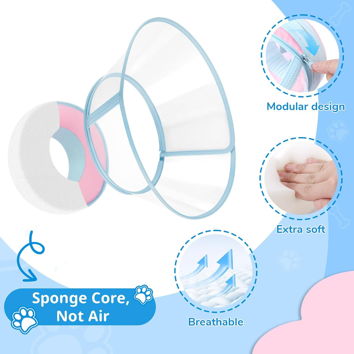 ICOYEA Sponge Core Dog Cone PINK Size 5 Neck: 14.0"- 16.0"