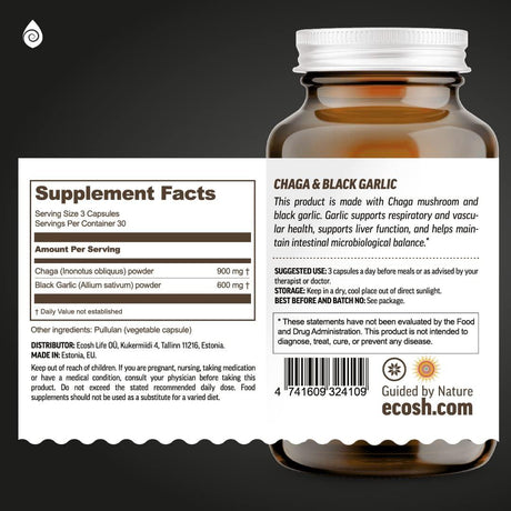 ECOSH - Ecosh Real Wild Chaga Mushroom & Aged Black Garlic Powder 90 Capsulas - The Red Vitamin MX - Suplementos Alimenticios - {{ shop.shopifyCountryName }}