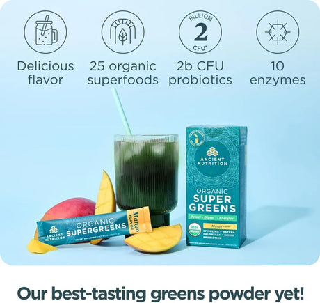 ANCIENT NUTRITION - Ancient Nutrition SuperGreens Powder with Probiotics Organic Mango Flavor 16 Paquetes - The Red Vitamin MX - Suplementos Alimenticios - {{ shop.shopifyCountryName }}