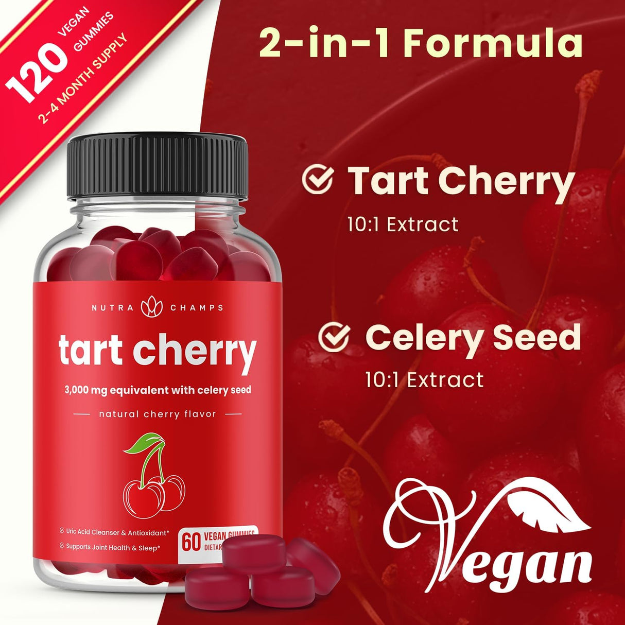 NutraChamps Tart Cherry Gummies 3000Mg. 60 Gomitas 2 Pack