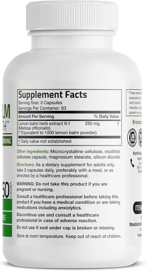 BRONSON - Bronson Melissa Lemon Balm Extra Strength 250 Capsulas - The Red Vitamin MX - Suplementos Alimenticios - {{ shop.shopifyCountryName }}