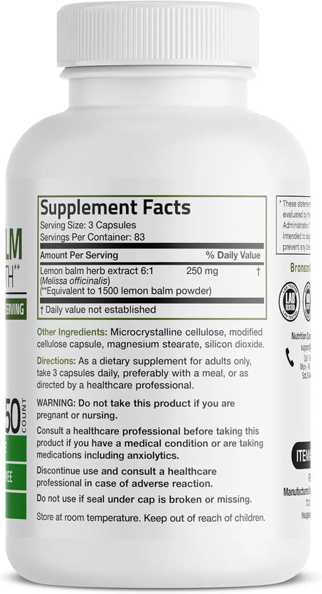 BRONSON - Bronson Melissa Lemon Balm Extra Strength 250 Capsulas - The Red Vitamin MX - Suplementos Alimenticios - {{ shop.shopifyCountryName }}