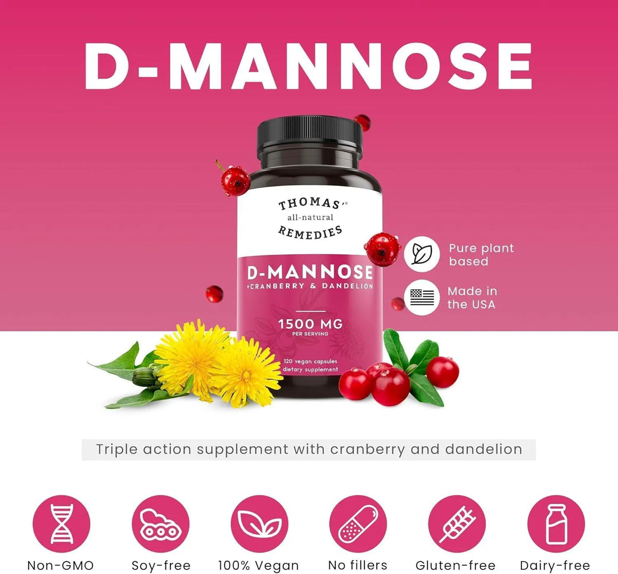 THOMAS REMEDIES - Thomas' all-natural Remedies D-mannose 1200Mg. with Cranberry and Dandelion 120 Capsulas - The Red Vitamin MX - Suplementos Alimenticios - {{ shop.shopifyCountryName }}