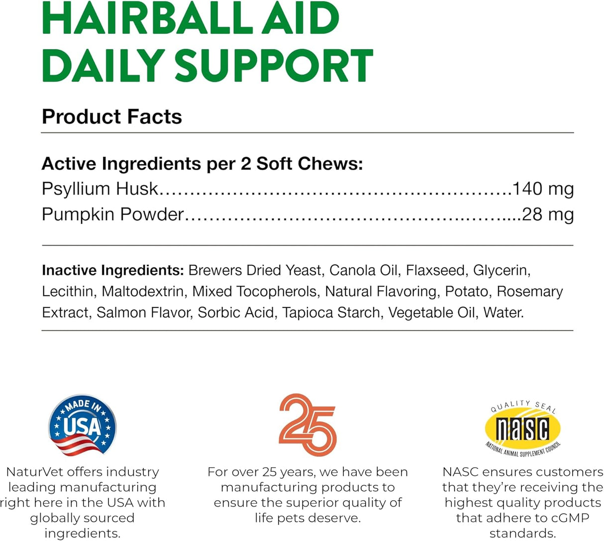 NaturVet Hairball Aid Supplement for Cats 60 Masticables